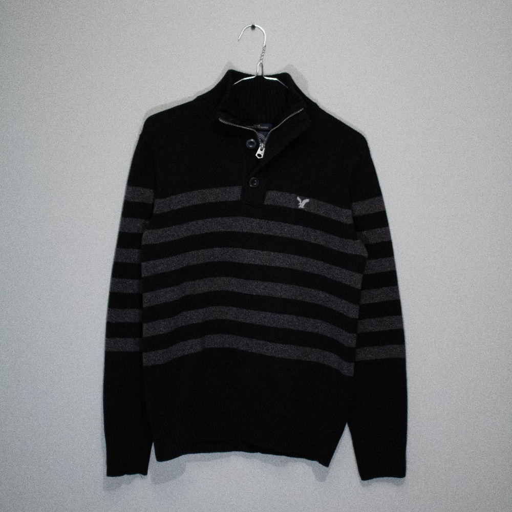 AE Black Striped Pullover Mockneck Knit Sweater